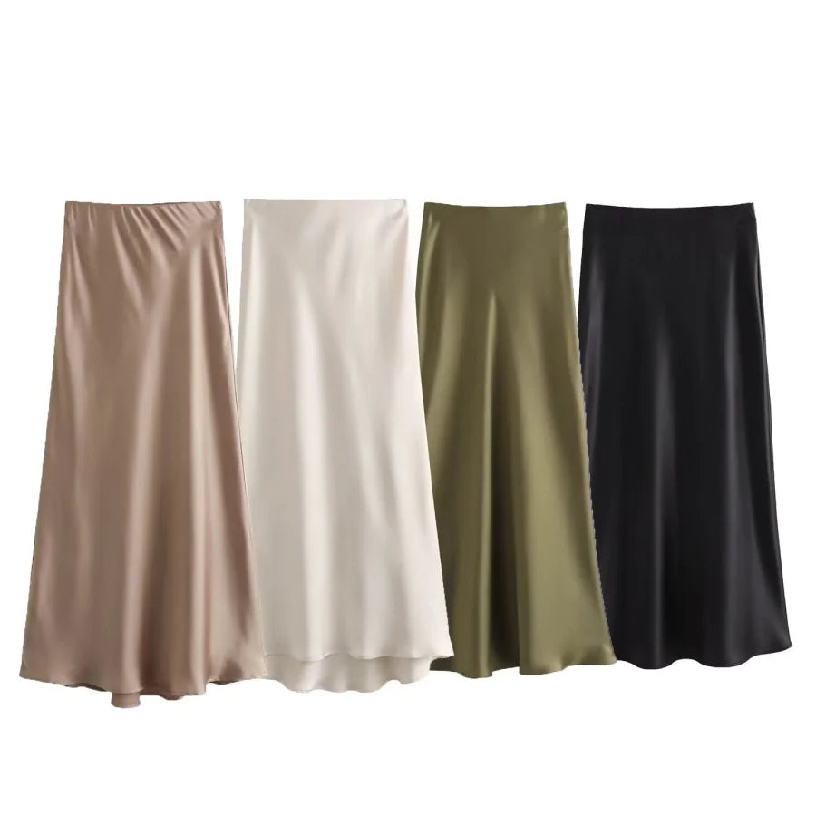 ETJ 2025 Damen Frühling neue elegante Mode All-in-One Stretch High-Waist A-Linie Seidensatin Rock in mehreren Farboptionen Hauptbild