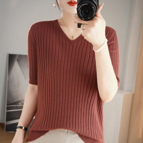 Damen Pullover Frühling Sommer Kurzarm V-Ausschnitt Strickshirt Lässige koreanische Pullover Gestreiftes Unterziehshirt Slim Fit Pullover