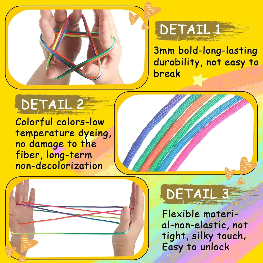 Regenbogen Cats Cradle Schnur 1.6M/63 Zoll Lange Regenbogen Bunte Fingerschnur Chinesische Fingerspiele Spielzeug für Kinder