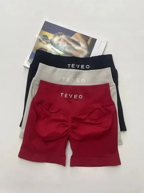 TEVEO Damen Yoga Shorts Dehnbar Atmungsaktiv Peach Butt Lift Fitness Laufshorts High Waist Stretch Schweißableitend