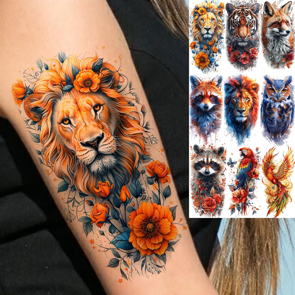 1 Blatt einzigartige Aquarell-Löwe-Tiger-Tier-Temporäre Tattoos langanhaltend wasserdicht Fuchs Eule gefälschter Tattoo-Aufkleber Körperkunst Tattoo