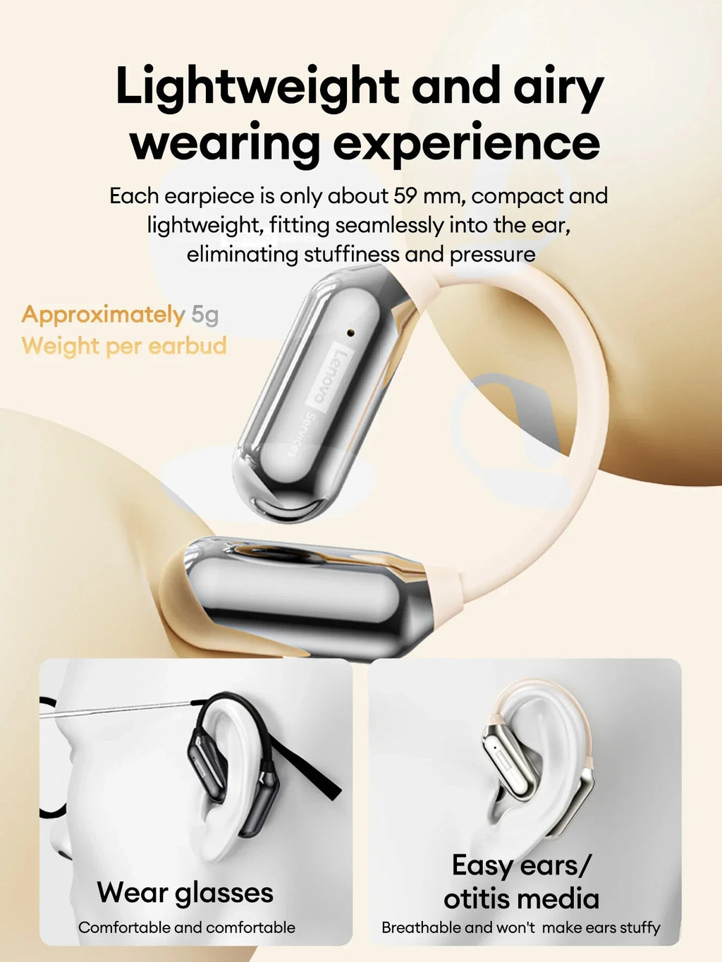 Lenovo LE503 OWS Kabellose Ohrhörer Bluetooth V6.0 Open-Ear Kopfhörer ENC Geräuschunterdrückung Earbuds Wasserdicht Lange Akkulaufzeit
