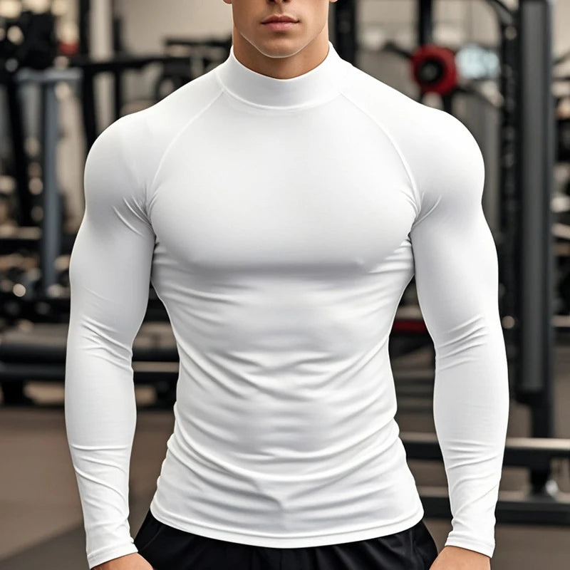 Einfarbige, eng anliegende, schweißabsorbierende, elastische Shirts Fitnessstudio Bodybuilding Fitness Rollkragen-T-Shirts Herren Langarm Schnelltrocknend Herbstkleidung