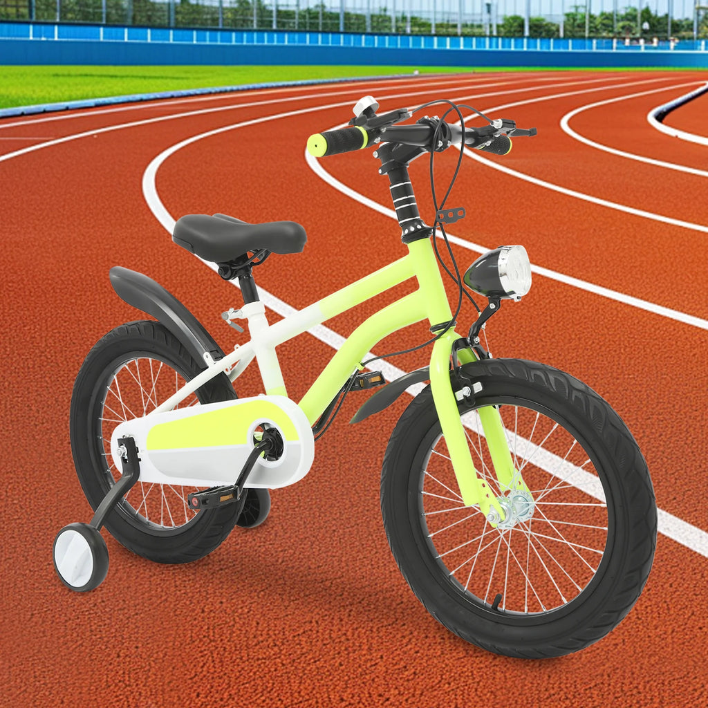 16 Zoll Kinderfahrrad Carbonstahl Mountainbike mit Stützrädern & LED-Licht für 5-8 Jahre, Höhenverstellbar, 60kg
