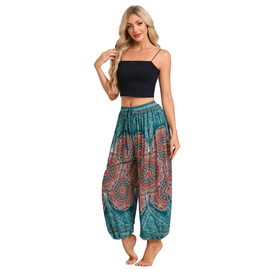 Damen Boho Weite Hosen Haremshose Erwachsene Hohe Taille Yoga Loose Laternenhose Atmungsaktive Strandhose Urlaub Bedruckte Jogger