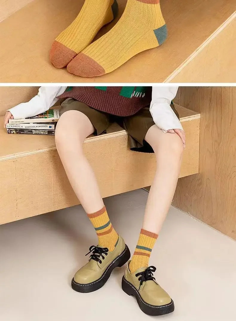 5 Paar gestreifte Socken für Damen, bequem, weich, mittellang, Winter, Harajuku, lustige Freizeitsocken, Damenstrümpfe, Strumpfwaren