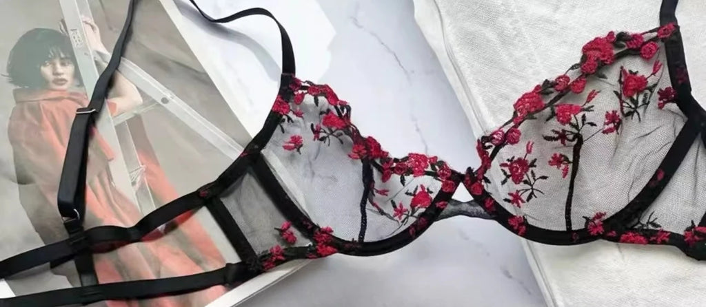 YUQI Französisches Luxus-Dessous-Set – sexy BH- und Höschen-Set mit floraler Stickerei in Schwarz, durchsichtige, transparente, verführerische Damen-Unterwäsche