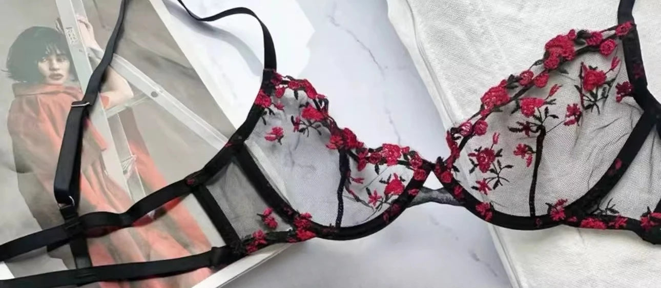 YUQI Französisches Luxus-Dessous-Set – sexy BH- und Höschen-Set mit floraler Stickerei in Schwarz, durchsichtige, transparente, verführerische Damen-Unterwäsche