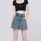 Koreanische Lässige High Waist Plissierte Denim Shorts Für Frauen Frühling Sommer Baggy Jeans Shorts Y2k A-Linien Weite Beine Jeans