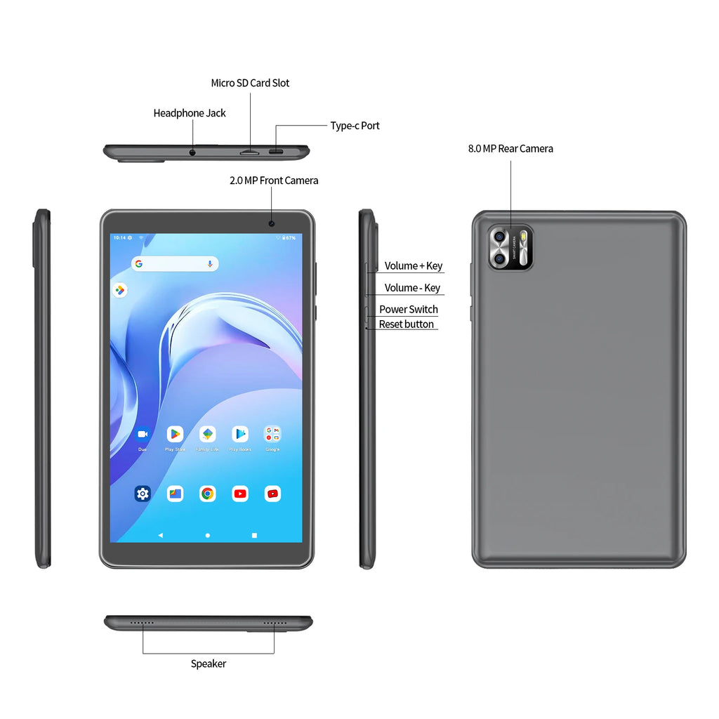 PRITOM 8 Zoll Tablet Android 13, 8GB (4+4 erweiterbar) RAM 64GB ROM, 1TB erweiterbar, 1280x800 IPS-Display, 5000mAh Akku, Dual-Kamera, WiFi