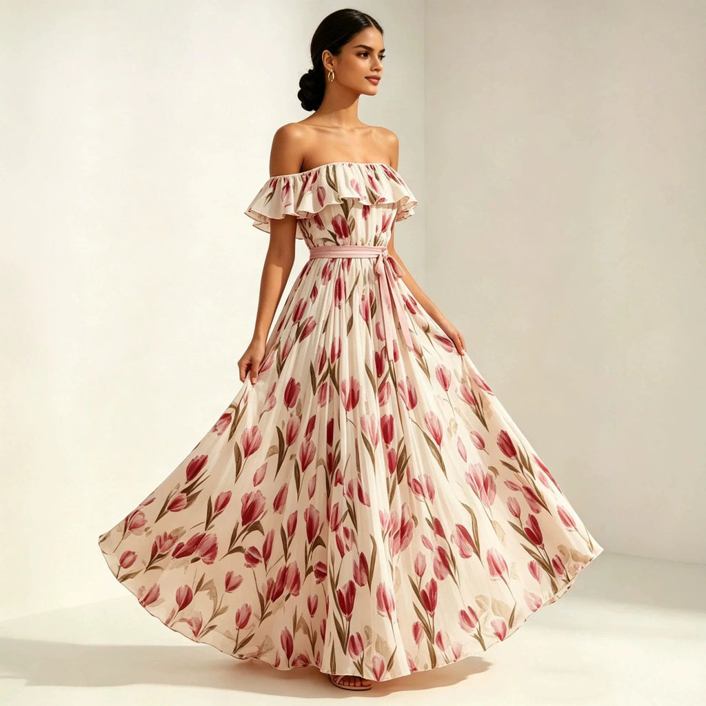 2026 Sommer schulterfreies Kleid mit Tulpenprint in großen Größen, schlankmachend, mit eckigem Ausschnitt und Maxilänge