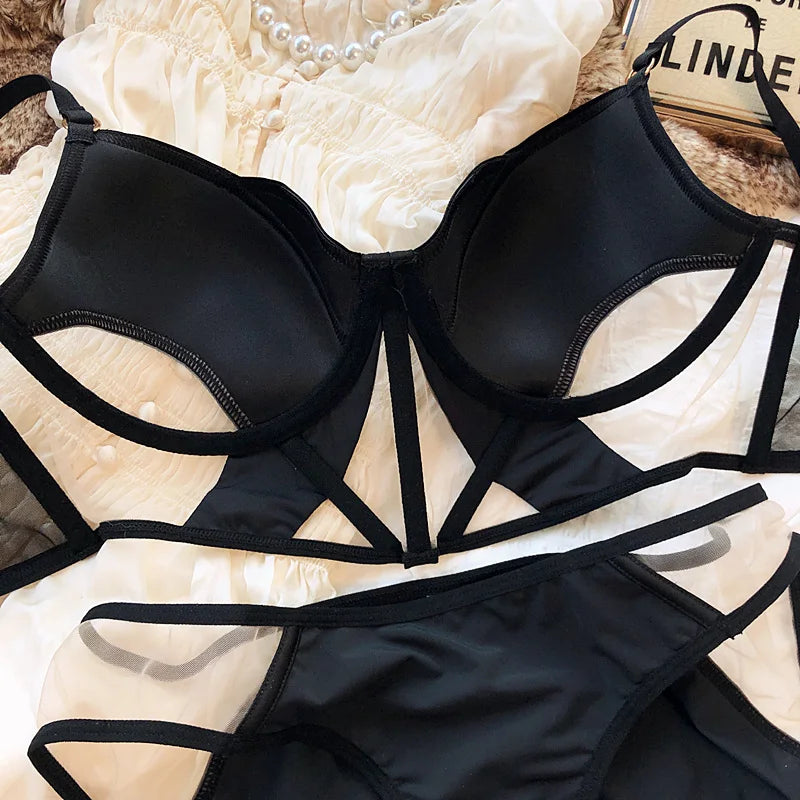 Französische Thin Cup Damen Dessous Set Sexy Hohle Spitze BH Set Sommer Mesh Komfort Atmungsaktive Unterwäsche Fischgrät Tops Intims