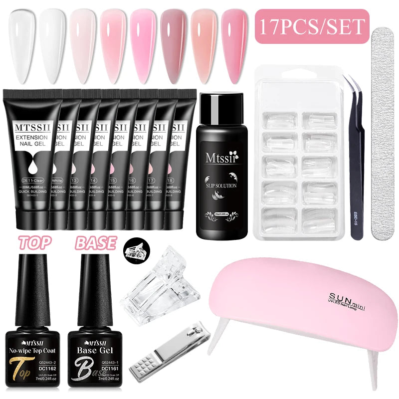 24-teiliges Set 20ml Poly Nail Extension Gel Kit Mini-UV-Lampe Versiegelung mit Basislack Überlack Professionelles Poly-UV-Nagelgel-Kit Starter-Kit