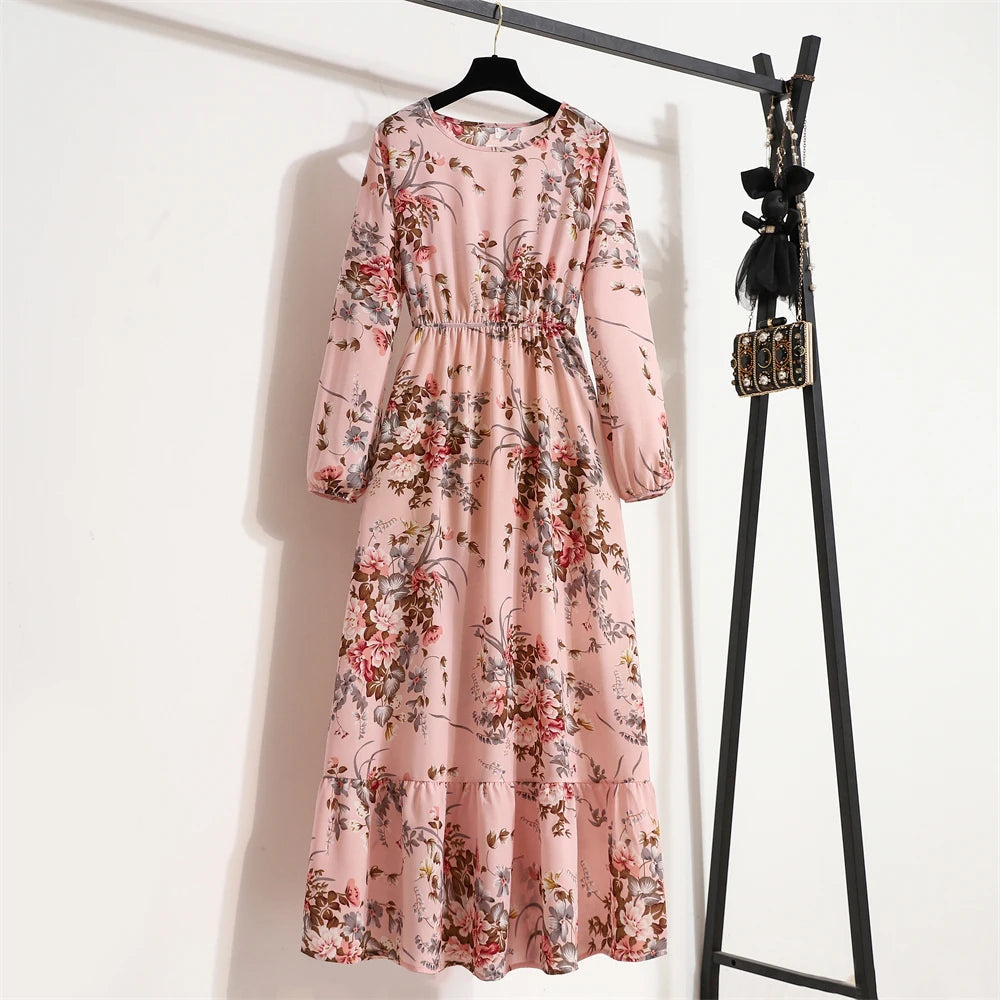 Frühling Sommer Damen Maxikleider Casual Langarm Geblümt O-Ausschnitt Damen Boho Strandparty Langes Kleid Mujer Vestidos