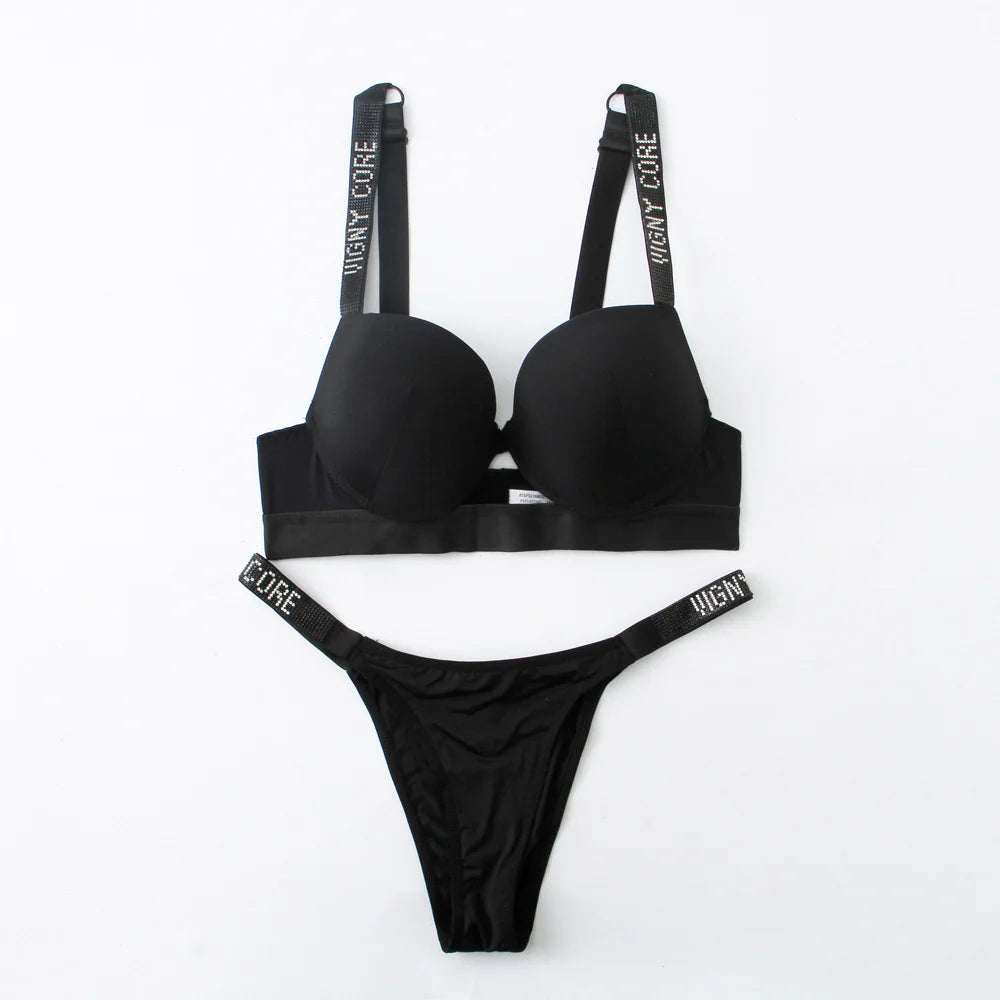 Buchstabe Strass Sport Leopard Sexy Dessous Set Geraffter Push Up Nahtloser BH Set Mode Spurenlose Dünne Fitness Unterwäsche