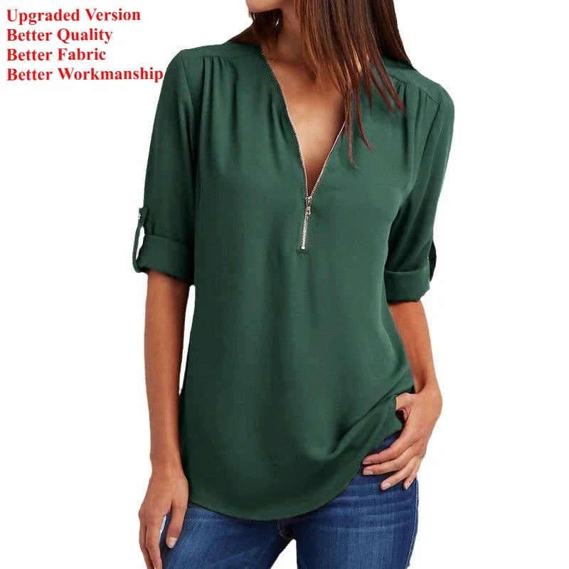 2024 Qualität Heißer Verkauf Plus Size Tiefer V-Ausschnitt Damenbluse Chiffon Coole lockere Hemd Mode Freizeit Damen Tops Sexy Reißverschluss Pullover Zweitbild