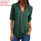 2024 Qualität Heißer Verkauf Plus Size Tiefer V-Ausschnitt Damenbluse Chiffon Coole lockere Hemd Mode Freizeit Damen Tops Sexy Reißverschluss Pullover