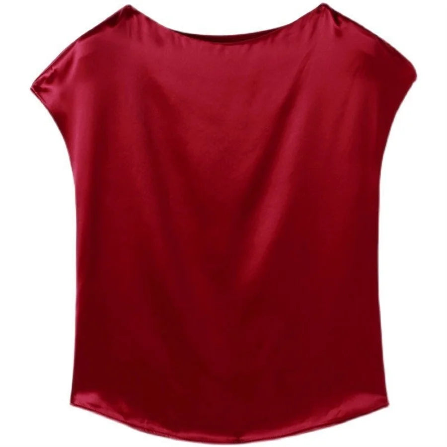 Office Lady Tops Sommer Kurzarm O-Ausschnitt Blusen Satinbluse Damenhemden Einfarbig Schlicht Leger Locker Hemd Blusen DF4904