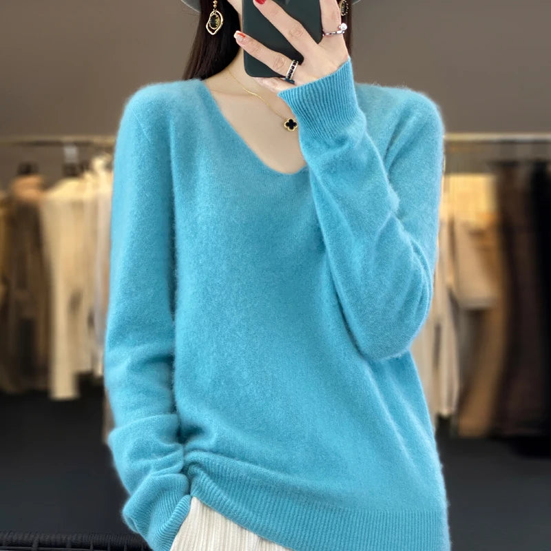 Damen 100% Merinowolle Pullover V-Ausschnitt Basic Pulli Herbst Winter Kaschmir Kleidung Langarm Weiche Strickware Oberteile Unifarben