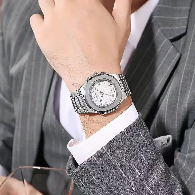 2024 Luxus Mode Casual Herrenuhren Großes Zifferblatt Silber Edelstahl Kalender Quarz Armbanduhr Klassische Top-Marke Herrenuhr