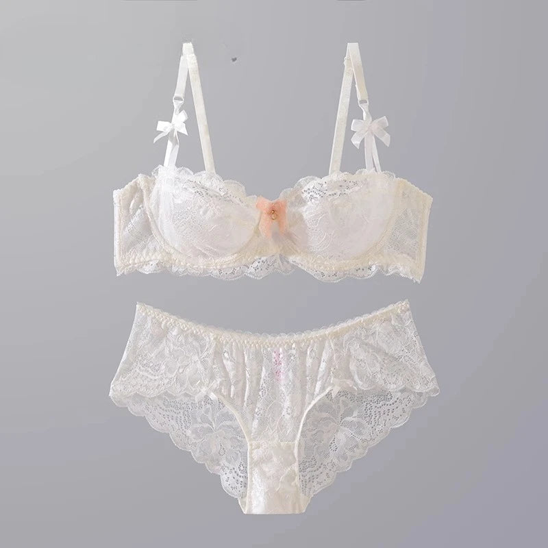 MOYISU Sommer-Dessous-Set, transparenter französischer Spitze, Minimizer-BH, Slip, ultradünn, sexy Damenunterwäsche, großer Busen, sexy Po & Höschen