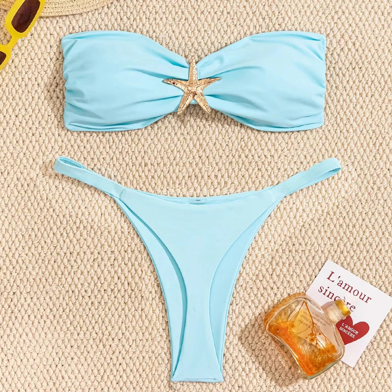 Sexy Bandeau Bikini Set 2026 Damen Himmelblau Seestern Verzierung Push Up String Bikini Brazilian Beach Badeanzug Micro Bademode
