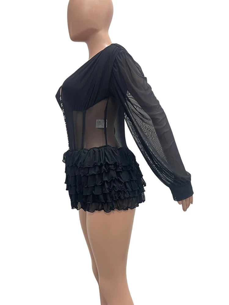 Beyprern Sexy Schwarzer Mesh Korsett Jumpsuit Damen Gothic Rüschen Layered Rompers Langarm Transparenter Bodysuit Nachtclub Party Outfits