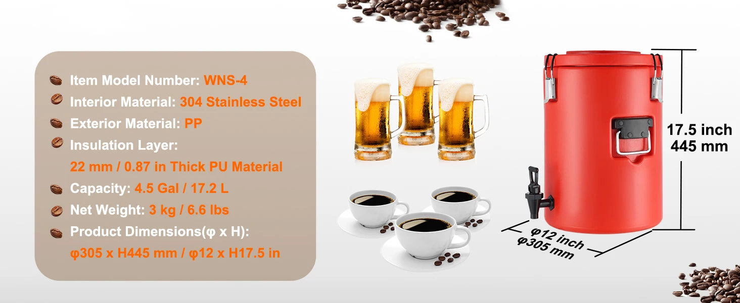 SucceBuy Edelstahl Isolierter Getränkespender 7,6 Liter Thermos-Heiß- und Kaltgetränkespender