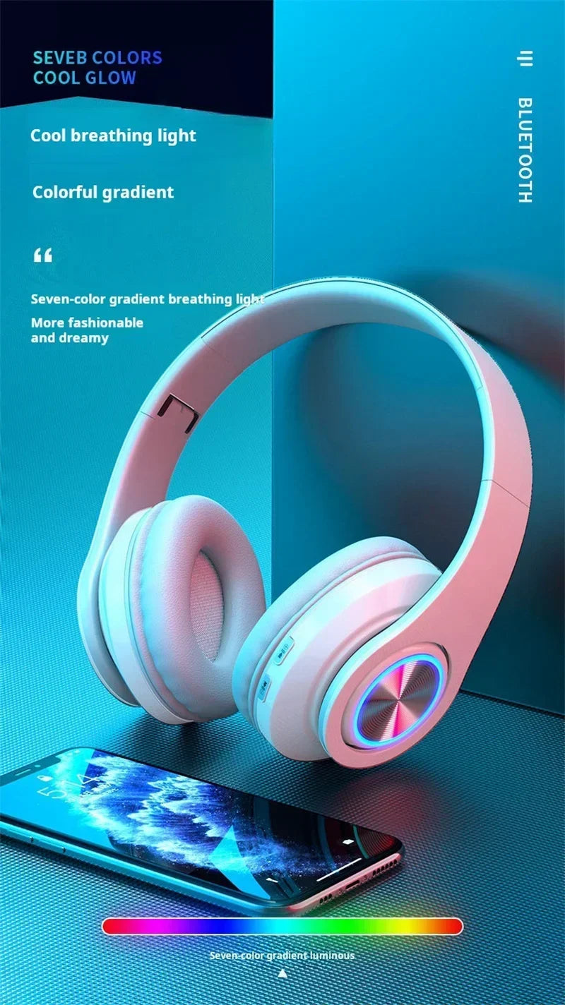 Headsets Gamer Kopfhörer Bluetooth Surround Sound Stereo Kabelloser Kopfhörer USB mit Mikrofon Buntes Licht PC Laptop Headset