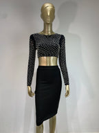 Sexy O-Ausschnitt Langarm Mesh Perlen Beige Schwarz Celebrity Midi Damen Bandagen-Set 2024 Designer Abendparty Damen-Set