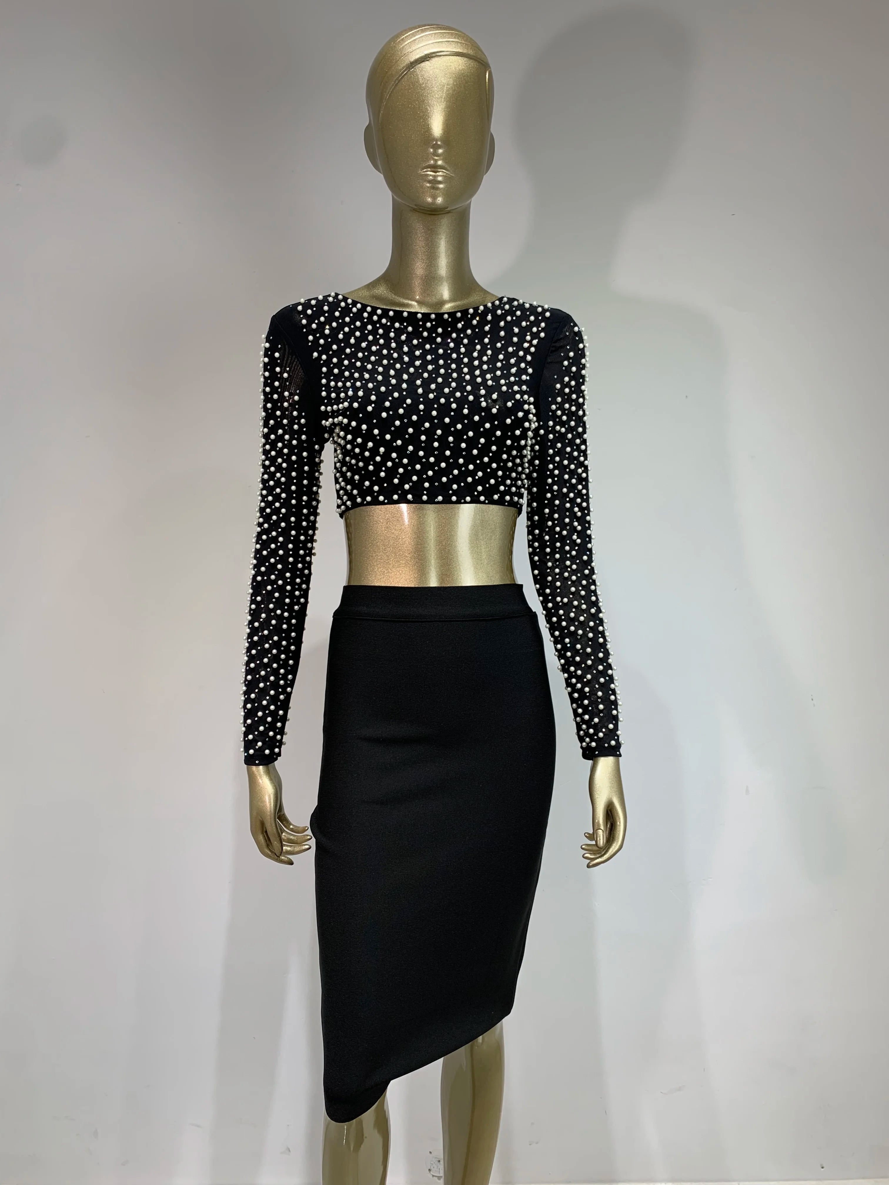 Sexy O-Ausschnitt Langarm Mesh Perlen Beige Schwarz Celebrity Midi Damen Bandagen-Set 2024 Designer Abendparty Damen-Set