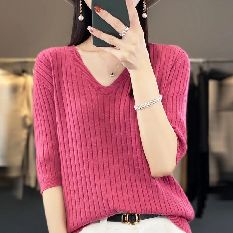 Damen Pullover Frühling Sommer Kurzarm V-Ausschnitt Strickshirt Lässige koreanische Pullover Gestreiftes Unterziehshirt Slim Fit Pullover Hauptbild