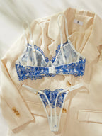 Blaues Dessous-Set Spitze Stickerei BH Panty 2-teilig Transparenter Tüll Fantasy Unterwäsche für Damen