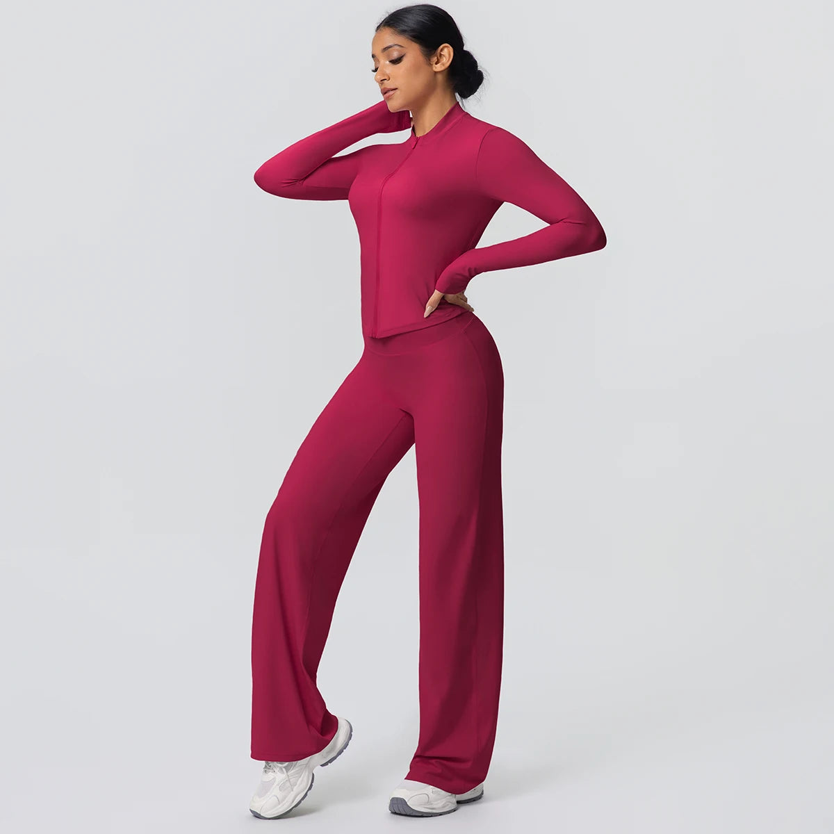 2-teiliges schnelltrocknendes Sport-Fitness-Bekleidung Yoga-Set Damen Yoga Reißverschluss Langarm High Waisted atmungsaktive weite Hose Set