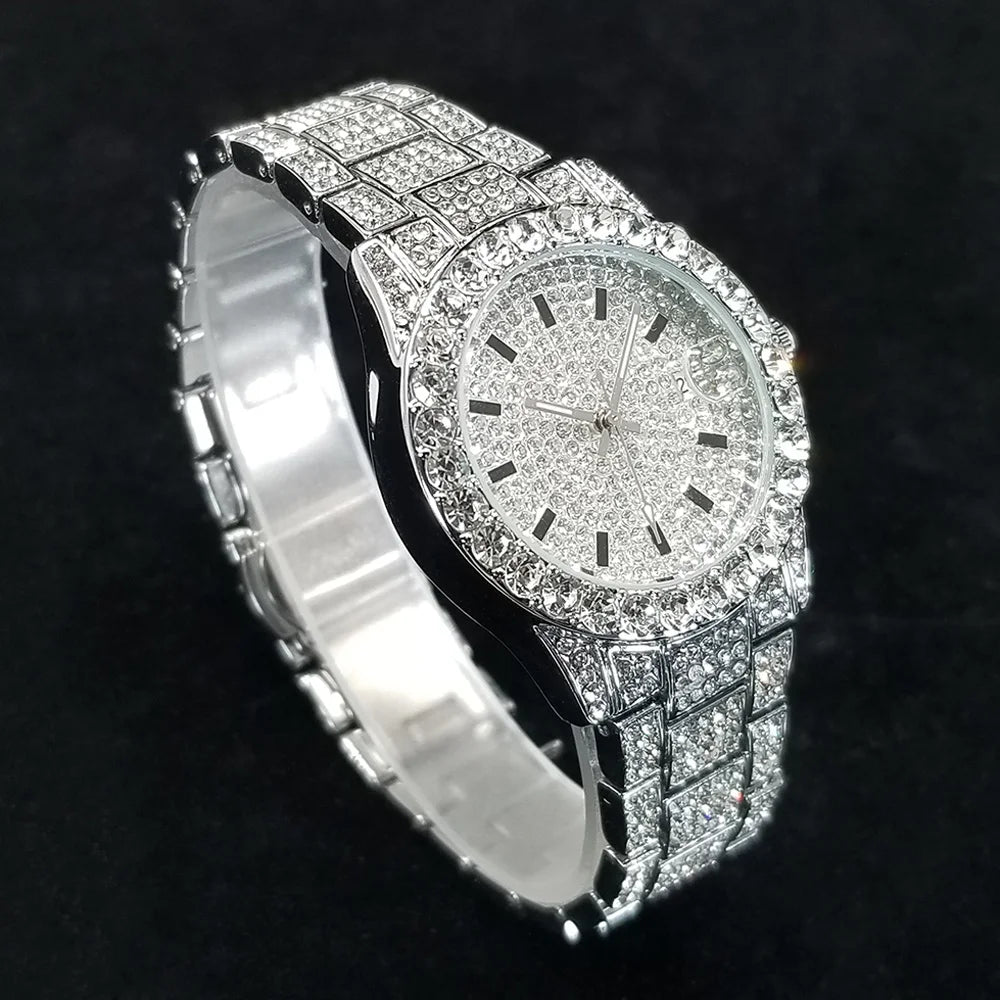 Elegante Diamantenuhren Damen Mode Silber Rund Edelstahl Quarzuhr Iced Out Glänzend Wasserdichte Uhr Geschenk für Frauen