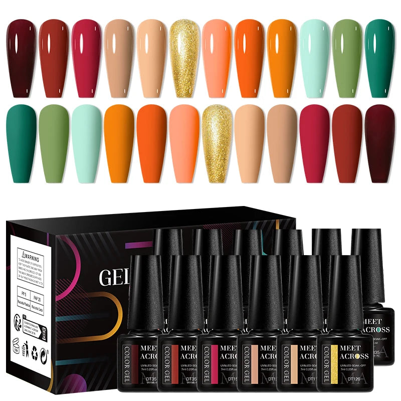 MEET ACROSS 12tlg/Set 7ml Macaron Gel Nagellack mit Box Semi-permanenter UV-Gel Soak Off Nail Art Kit Nagellack für Maniküre