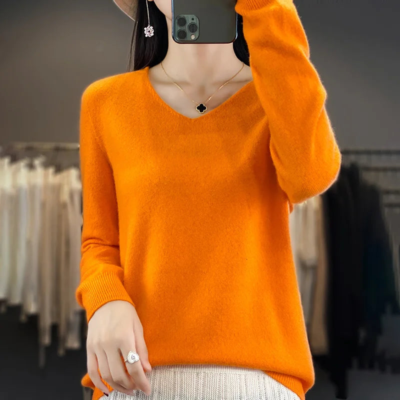 Damen 100% Merinowolle Pullover V-Ausschnitt Basic Pulli Herbst Winter Kaschmir Kleidung Langarm Weiche Strickware Oberteile Unifarben