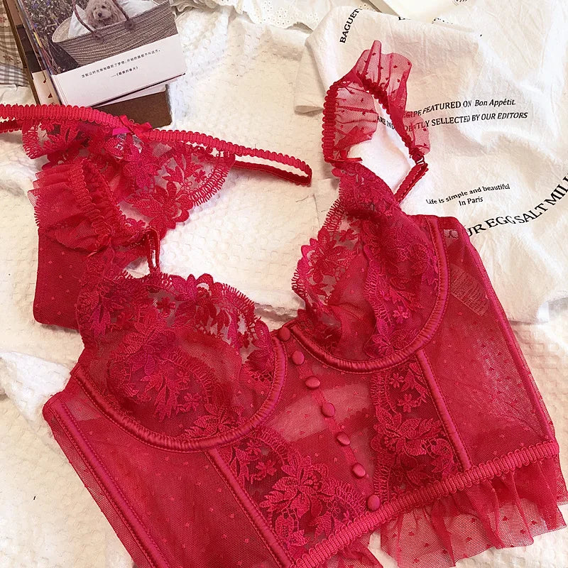 Heißer Verkauf Französisches sexy Dessous-Set für Damen, ultradünner transparenter BH und Höschen-Set, besticktes Spitzen-Form-Camisole-Unterwäsche-Set