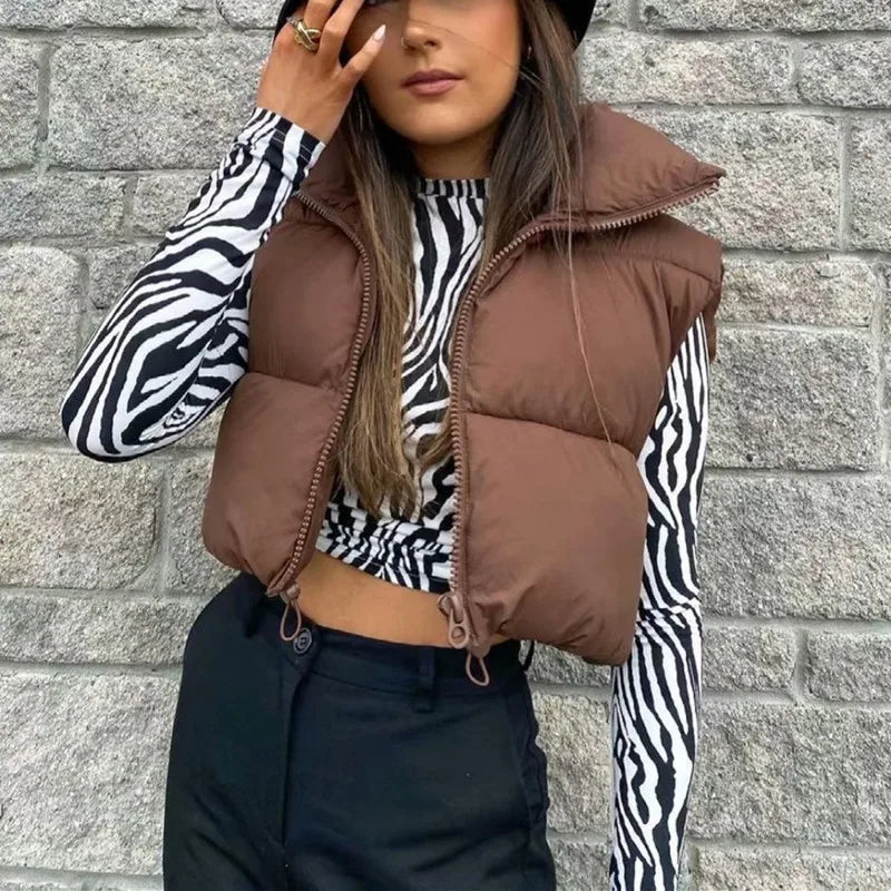 Winter Kurze Daunen Weste Damen Warmer Stehkragen Reißverschluss Jacke Freizeit Mode Gesteppte Cropped Mäntel Street Outerwear Zweitbild