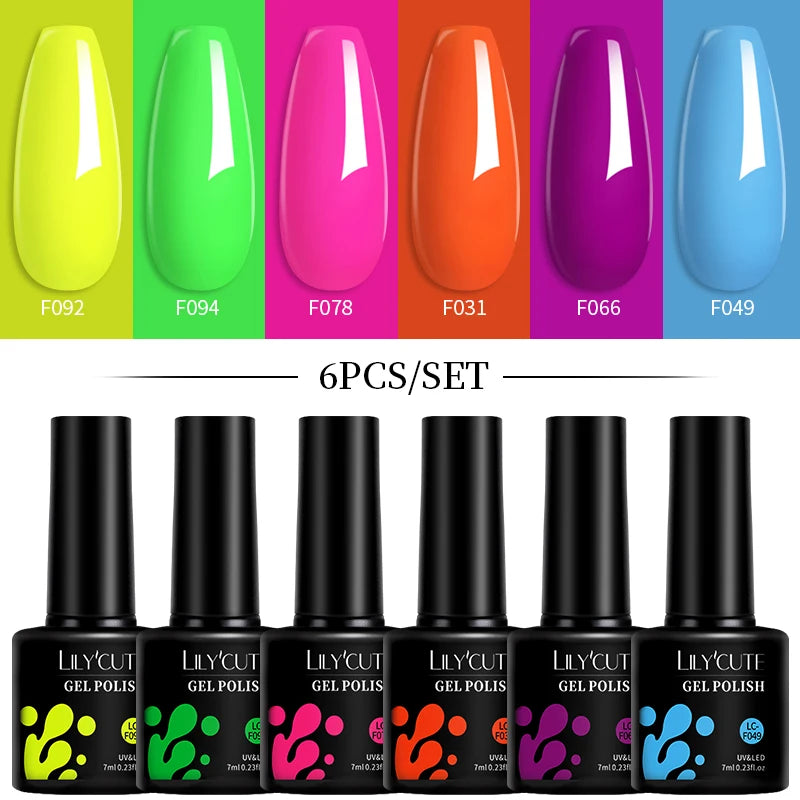 LILYCUTE 7ML 6PCS Neon Gel Nagellack Set fluoreszierend Farbwechsel Semi Permanent Soak Off Maniküre-Kit Nail Art Gel