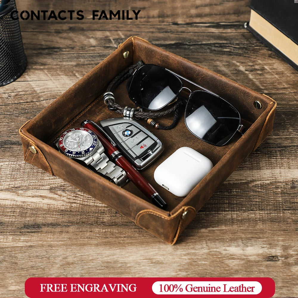 Retro Genuine Leather Storage Tray Desktop Organizer For Key Jewelry Coins Cable Cosmetic Storage Box Home Decoration Hauptbild