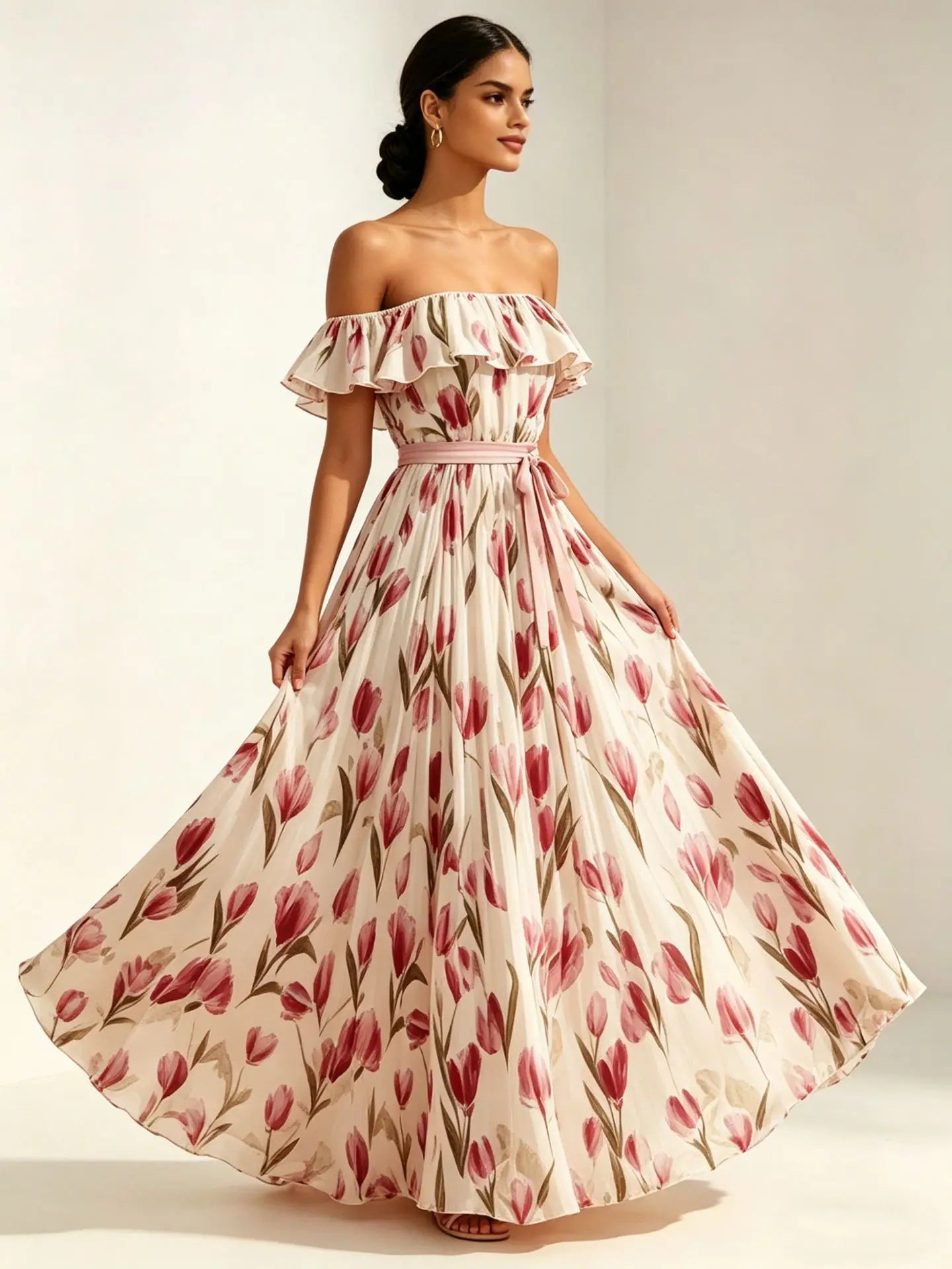 2026 Sommer schulterfreies Kleid mit Tulpenprint in großen Größen, schlankmachend, mit eckigem Ausschnitt und Maxilänge