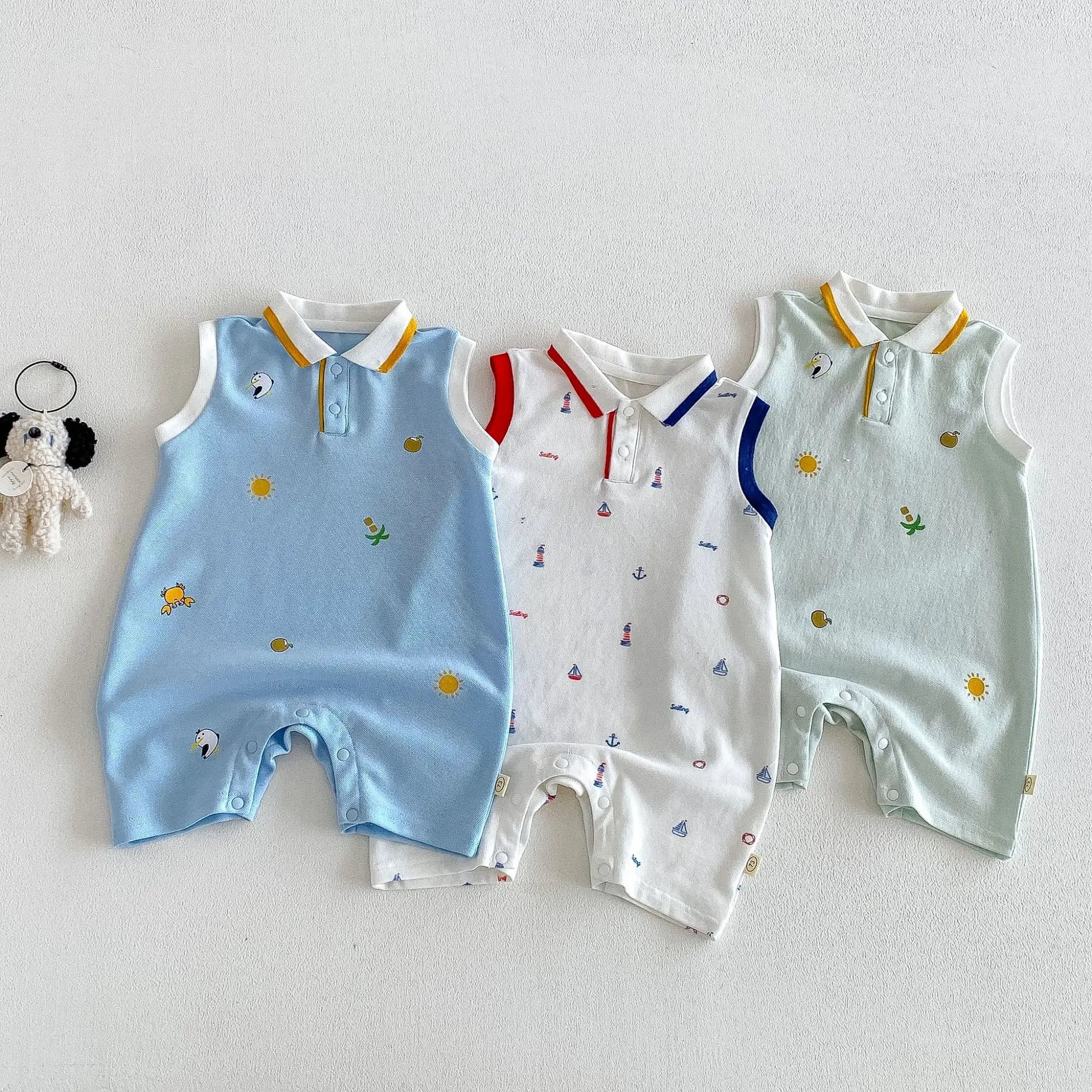 2026 Neue Sommer-Babykleidung 0-2 Jahre Cartoon-Print Ärmelloser Polo-Strampler Atmungsaktives Mesh-Gewebe mit Knopfleiste und Druckknopfverschluss Hauptbild