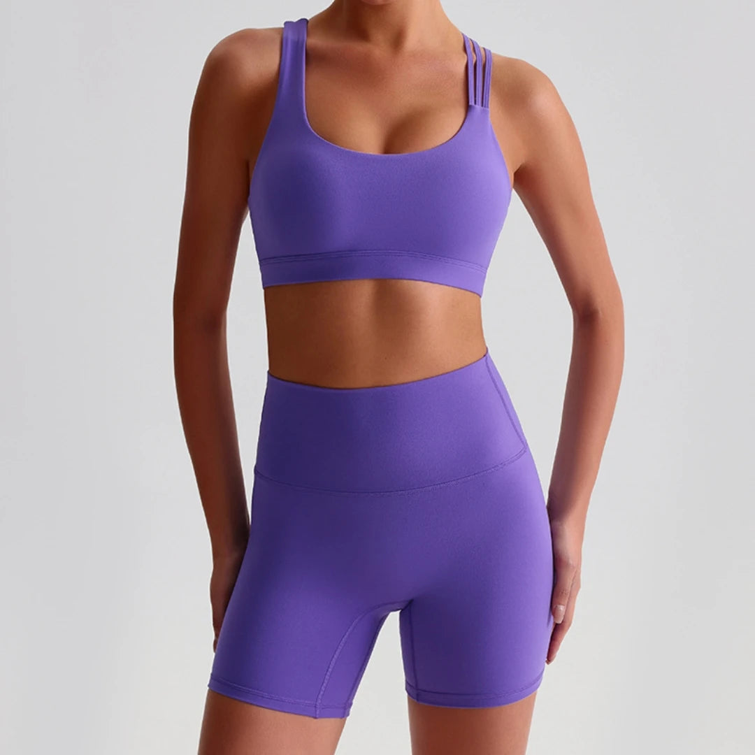 Einfarbiger High Waist Gym Yoga Shorts Leggings Set Eng anliegend Damen Kreuz Rücken Hoher Halt Schultergurt Fitness BH Top Sportbekleidung Zweitbild