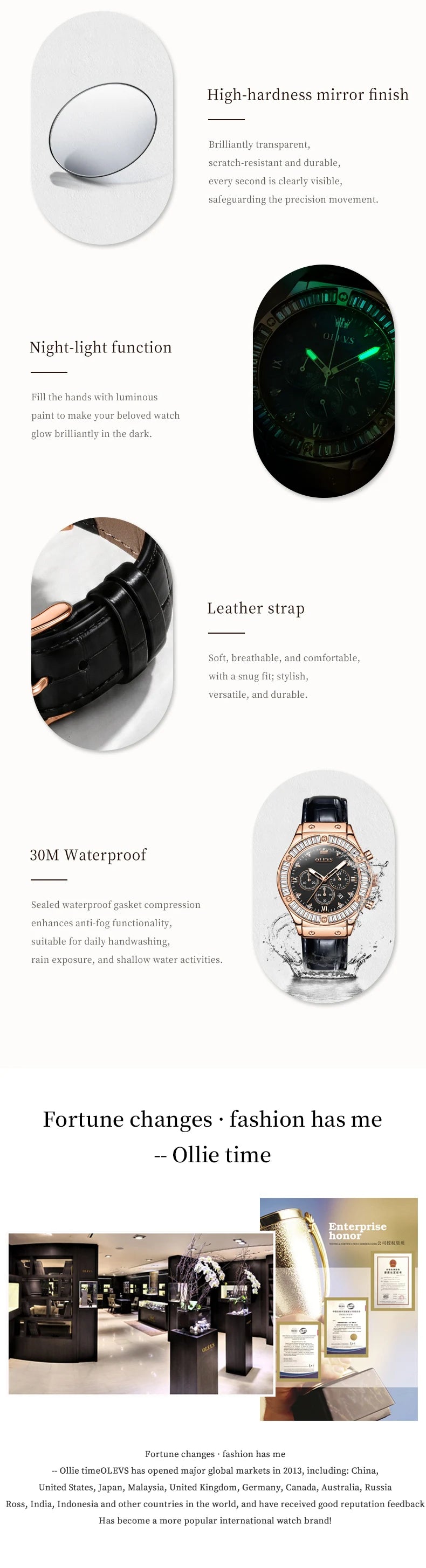 OLEVS 9978 Damenuhr, multifunktionale Quarzuhr, wasserdicht, leuchtendes Lederarmband, elegante modische Uhren für Damen, Geschenke