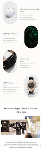 OLEVS 9978 Damenuhr, multifunktionale Quarzuhr, wasserdicht, leuchtendes Lederarmband, elegante modische Uhren für Damen, Geschenke
