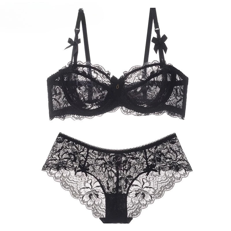 MOYISU Sommer-Dessous-Set, transparenter französischer Spitze, Minimizer-BH, Slip, ultradünn, sexy Damenunterwäsche, großer Busen, sexy Po & Höschen