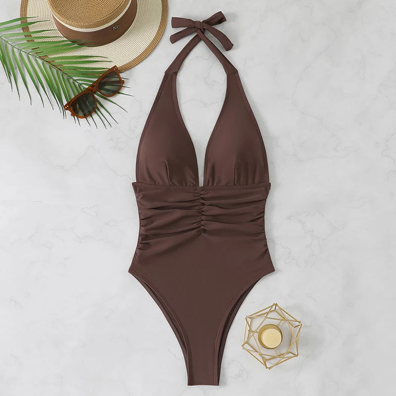 Neckholder-Badeanzug Damen Einteiler Bademode Damen 2026 Trend V-Ausschnitt Strandmode Weiblich Monokini Sommer Bodysuit