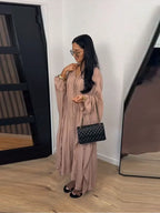 Maxikleid Damenkleider Fledermausärmel Beige Rüschen Bindekragen Plissiert Oversized Damenbekleidung Freizeitkleidung Sommer-Outfit