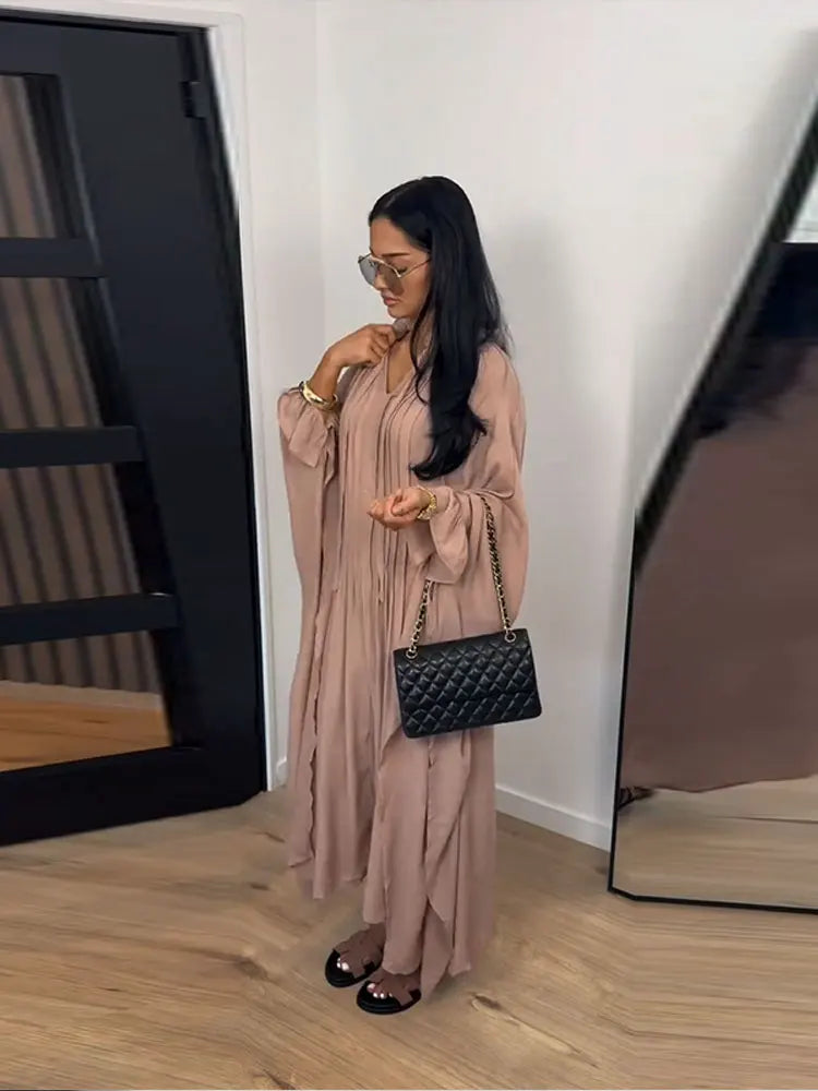 Maxikleid Damenkleider Fledermausärmel Beige Rüschen Bindekragen Plissiert Oversized Damenbekleidung Freizeitkleidung Sommer-Outfit